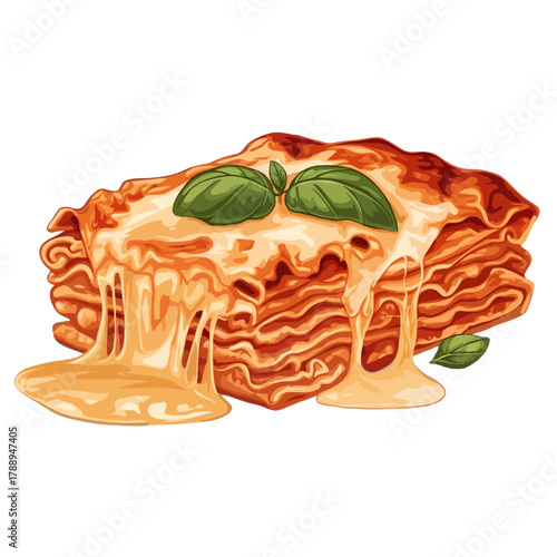 Delicious slice of homemade lasagna with melted cheese and fresh basil leaves isolated on white background