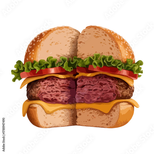 A delicious juicy double cheeseburger with fresh lettuce and tomato on a sesame seed bun isolated on white background