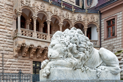 White lion statue at Moszna castle in Poland