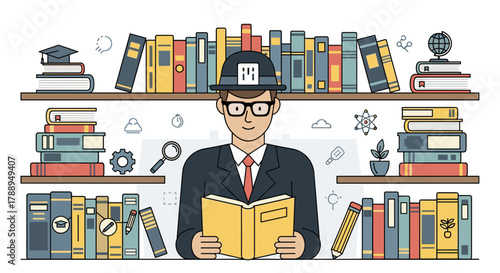 Scholarly Gentleman Reads Book Surrounded by Knowledgeable Bookshelves Education Concept