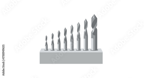 Set of metal drill bits of increasing size arranged in a holder isolated on white background