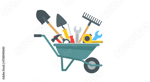 Gardening Tools Collection in Wheelbarrow Isolated on White Background for DIY Projects