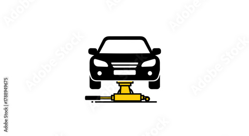 Car lifted by hydraulic jack isolated on white background for maintenance or repair service