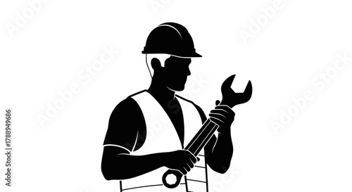 Silhouette Construction Worker Holding Large Wrench Isolated on White Background Vector Illustration