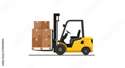 Yellow forklift truck lifting stack of cardboard boxes on wooden pallet isolated on white background