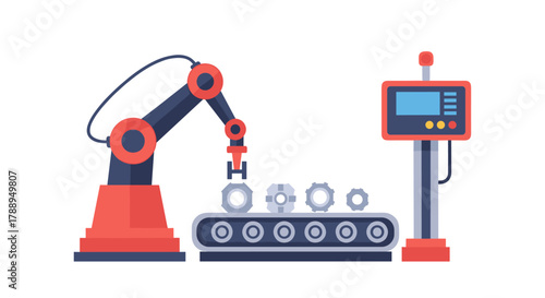 Industrial Robotic Arm Assembling Gears on a Conveyor Belt System Isolated on White Background