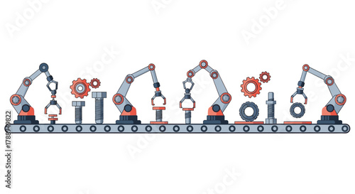 Automated Industrial Robotic Arms Assembly Line Production Process Manufacturing Concept