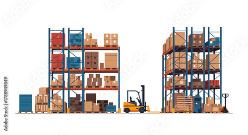 Warehouse storage and logistics with forklift and pallets of boxes