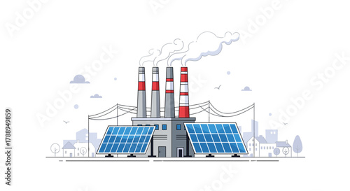Industrial Factory with Solar Panels Generating Renewable Energy in a Cityscape