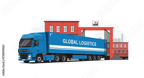 Large Blue Semi Truck Delivering Cargo at a Warehouse Distribution Center Isolated on White Background
