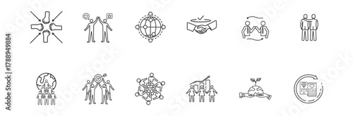 social capital icon collection includes participation, engagement, network, trust, reciprocity, sense of belonging, citizenship, common purpose, social support system with thin lines.