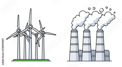 Wind Farm vs Industrial Power Plant Comparison Energy Sources Isolated on White Background
