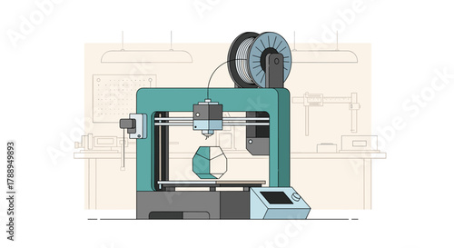 Modern 3D Printer Machine Creating Detailed Geometric Object on White Background