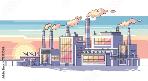 Industrial Factory Manufacturing Plants with Smoking Chimneys During Sunrise Cartoon Illustration