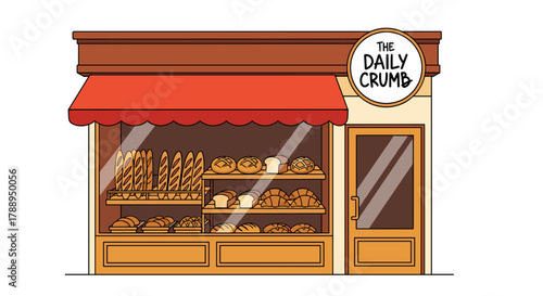 Cartoon bakery shop exterior with a red awning and fresh bread in the window isolated on white background