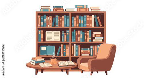 Cozy Reading Nook With Bookshelf Armchair And Table Filled With Books And Coffee