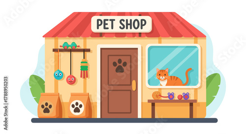 Cartoon Pet Shop Building Exterior With Cat Displayed Isolated on White Background