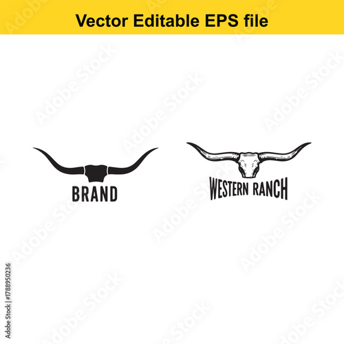 Black bull horns and skull with text western ranch