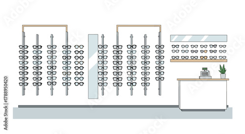 Optical Store Displaying Assorted Eyeglasses for Sale on Shelves and Racks