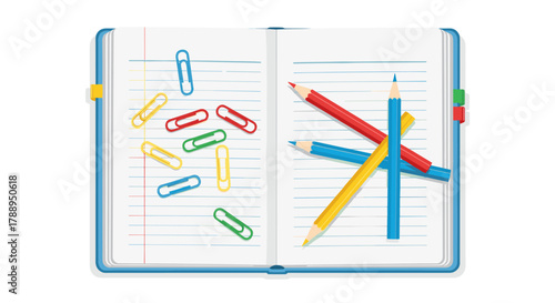 Open Notebook With Colorful Paperclips And Pencils Isolated On White Background