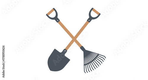Crossed garden tools shovel and rake isolated on white background for landscaping or gardening