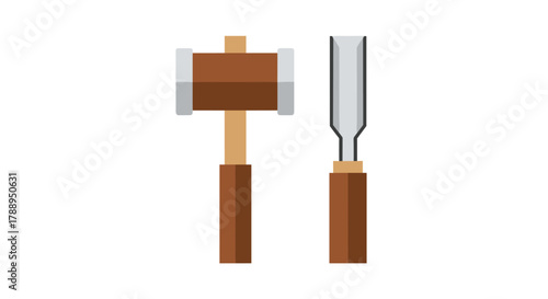 Wooden Mallet and Metal Chisel Hand Tools for Woodworking Craft isolated on white background