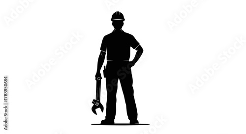 Silhouette of a construction worker holding a wrench isolated on white background