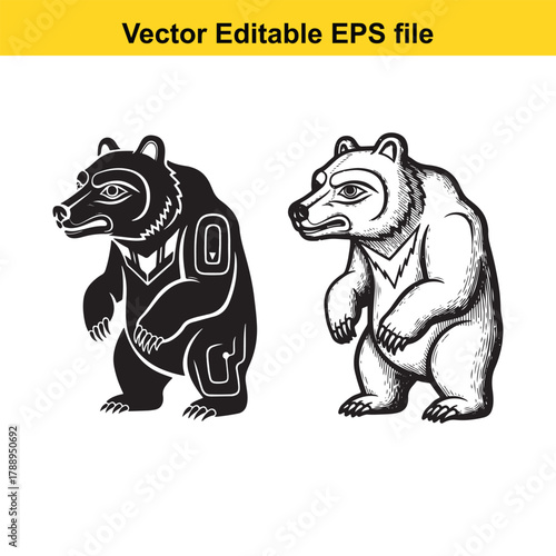 Two stylized bears, one black and one white, in a tribal or indigenous art style