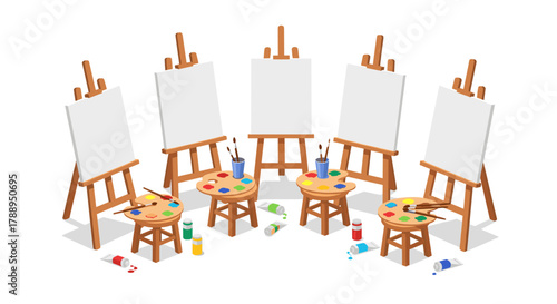Five easels with blank canvases and art supplies like paint brushes and palettes arranged around small stools isolated on white background for creativity and learning