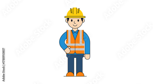 Cartoon construction worker wearing hard hat and safety vest isolated on white background
