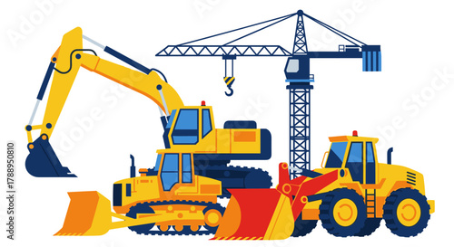 Construction heavy machinery set excavator bulldozer and crane isolated on white background