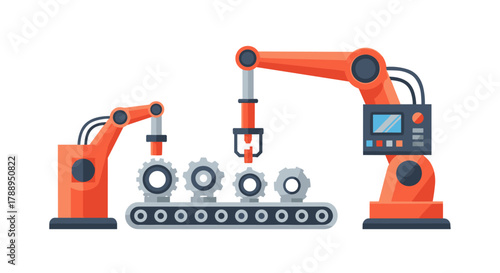 Industrial robot arms assembling gears on a conveyor belt isolated on white background