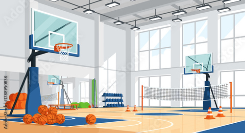Indoor Basketball Court with Volleyball Net and Equipment Ready for Game Day Activity