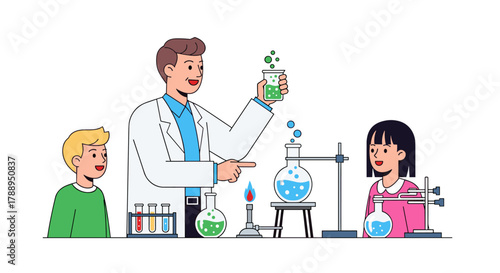 Young students learning science chemistry experiments with teacher isolated on white background