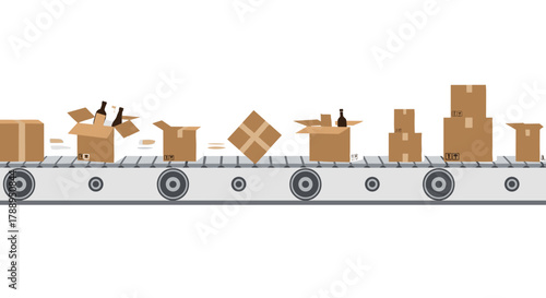 Cardboard boxes moving on a conveyor belt in a factory or warehouse setting isolated on white background