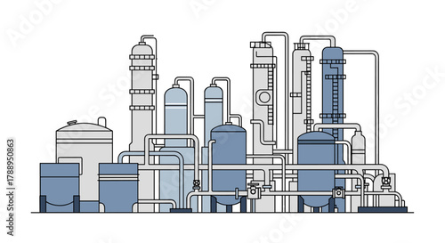 Industrial Chemical Plant Facility Complex Manufacturing Process Towers and Tanks Isolated on White Background