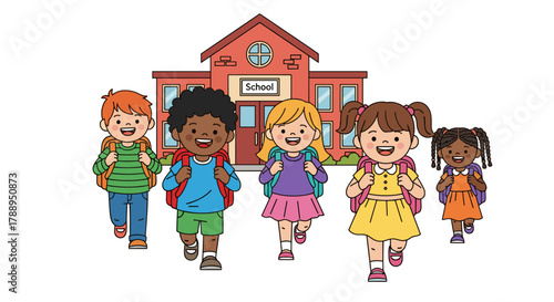 Diverse group of happy children with backpacks running towards school cartoon illustration isolated on white background