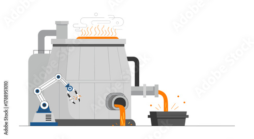 Industrial furnace with robotic arm pouring molten metal into mold