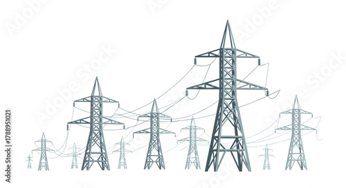 High Voltage Electrical Power Transmission Towers Connected by Cables Isolated on White Background