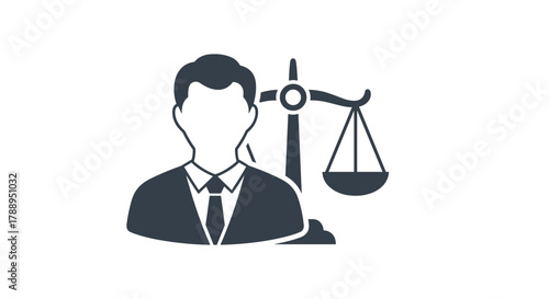 Legal Professional Standing Beside Scale of Justice Isolated on White Background Icon