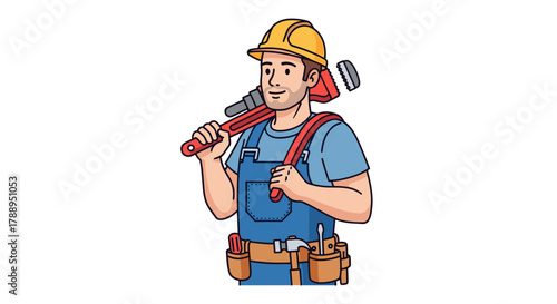 Happy Plumber Carrying Wrench on Shoulder Isolated on White Background