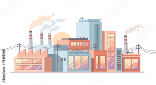 Modern Industrial Cityscape with Factories and Office Buildings Isolated on White Background