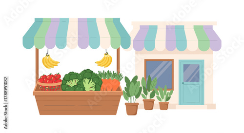 Fresh produce stand displaying organic vegetables and fruits with awnings and a shop building isolated on white background