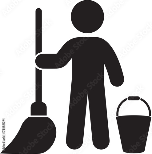 Pictogram of a person cleaning with a mop and bucket