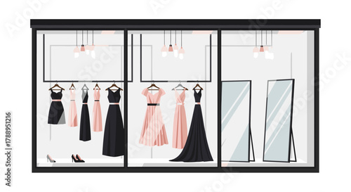 Fashion Boutique Window Display Elegant Evening Gowns Showcasing Luxury Attire for Special Occasions