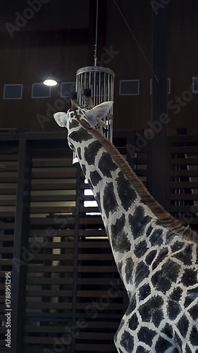 A striking vertical portrait of a giraffe, highlighting its characteristic baby skin and size
