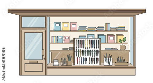 Charming Stationery Shop Front with Shelves of Books Pens and Art Supplies