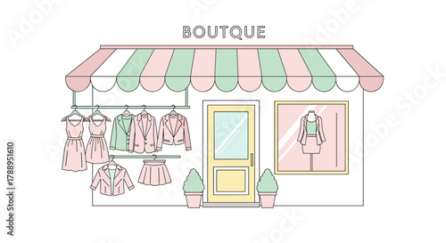 Charming Boutique Storefront with Fashionable Clothing Displayed for Sale