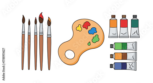 Artist Paint Brushes Palette and Colorful Paint Tubes Isolated on White Background