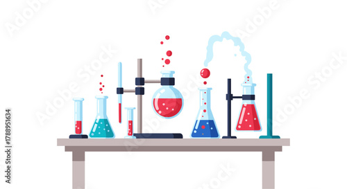 Chemical reaction experiments in laboratory beakers and flasks isolated on white background